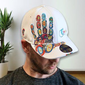 Coogi White Fitted Baseball Ball Cap Hat with Bright Embroidered Hand Print Art